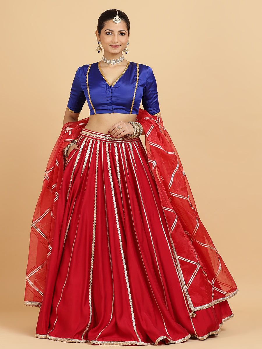Madhuri Begum 4-Pc Lehenga Set x Tyohaar, in Red, featuring elbow sleeves and v-neckline, made for party & festive (view 8).