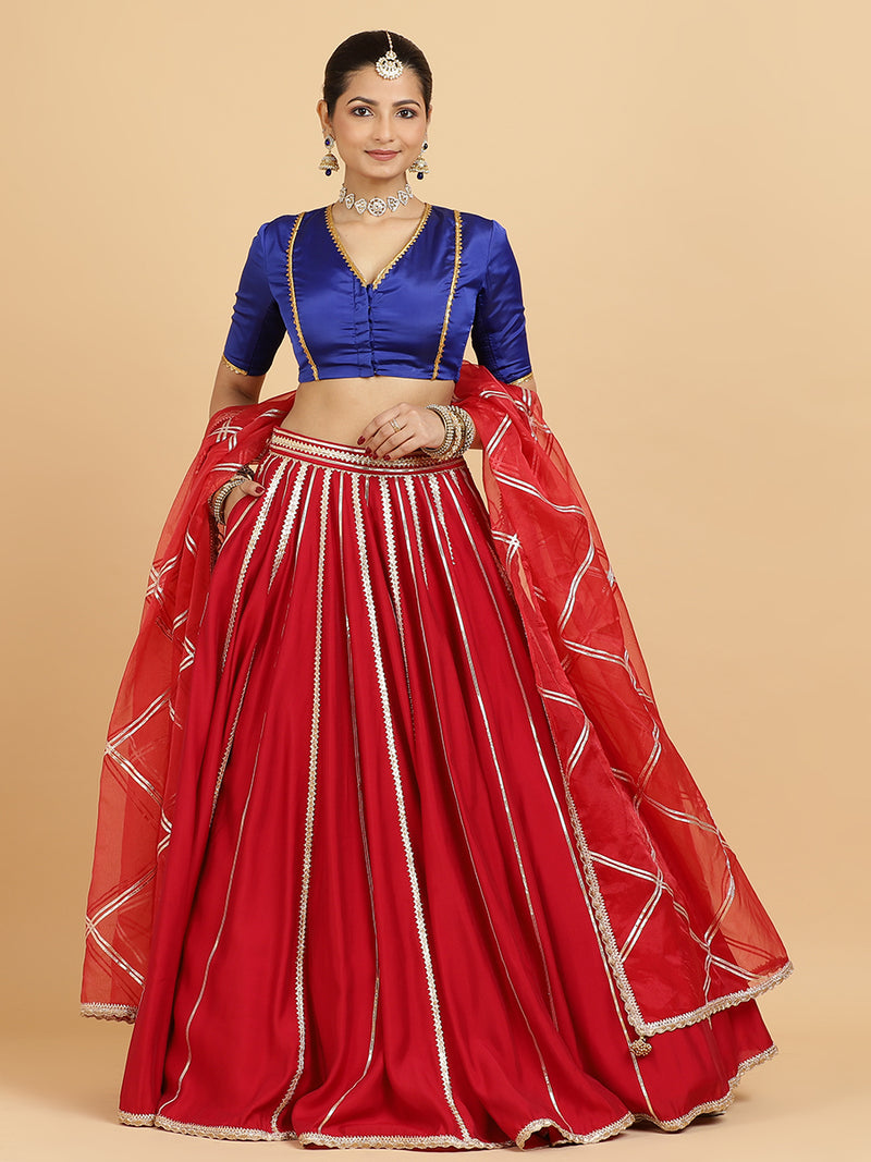 Madhuri Begum 4-Pc Lehenga Set x Tyohaar | Red Lehenga, Cobalt Blue Blouse with Leela Red Dupatta and Cancan Skirt-Binks