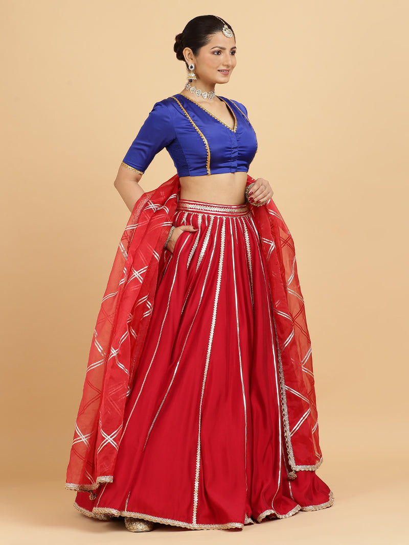 Madhuri Begum 4-Pc Lehenga Set x Tyohaar | Red Lehenga, Cobalt Blue Blouse with Leela Red Dupatta and Cancan Skirt-Binks