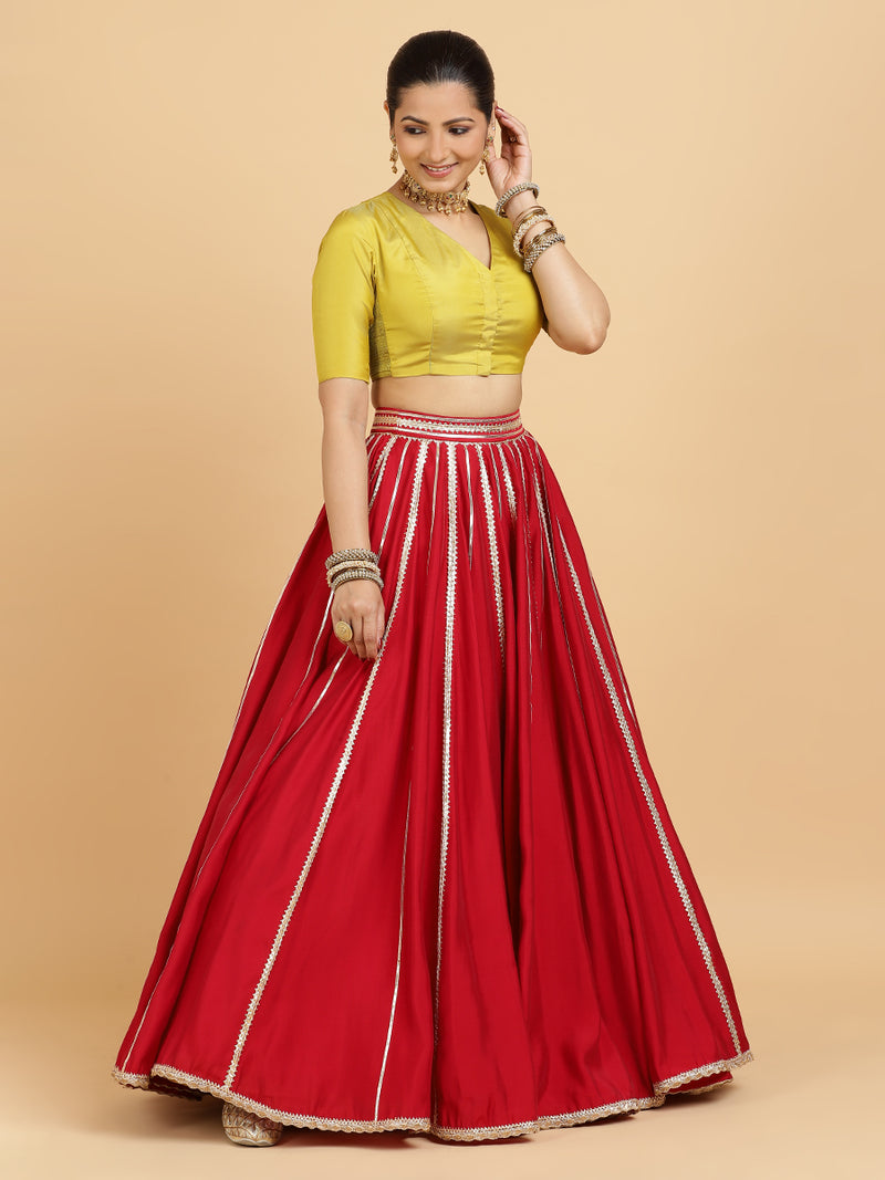 Madhuri Begum 4-Pc Lehenga Set x Tyohaar | Red Lehenga, Lemon Yellow Blouse with Leela Red Dupatta and Cancan Skirt-Binks