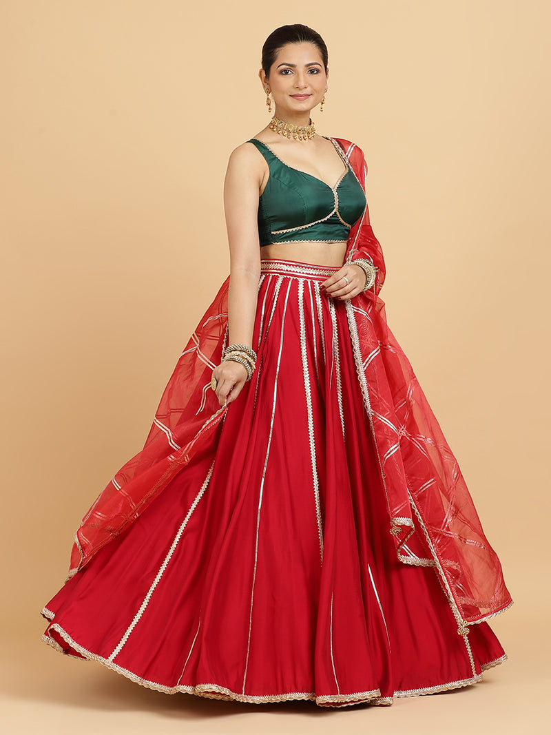 Madhuri Ishika 4-Pc Lehenga Set x Tyohaar | Red Lehenga, Bottle Green Blouse with Leela Red Dupatta and Cancan Skirt-Binks