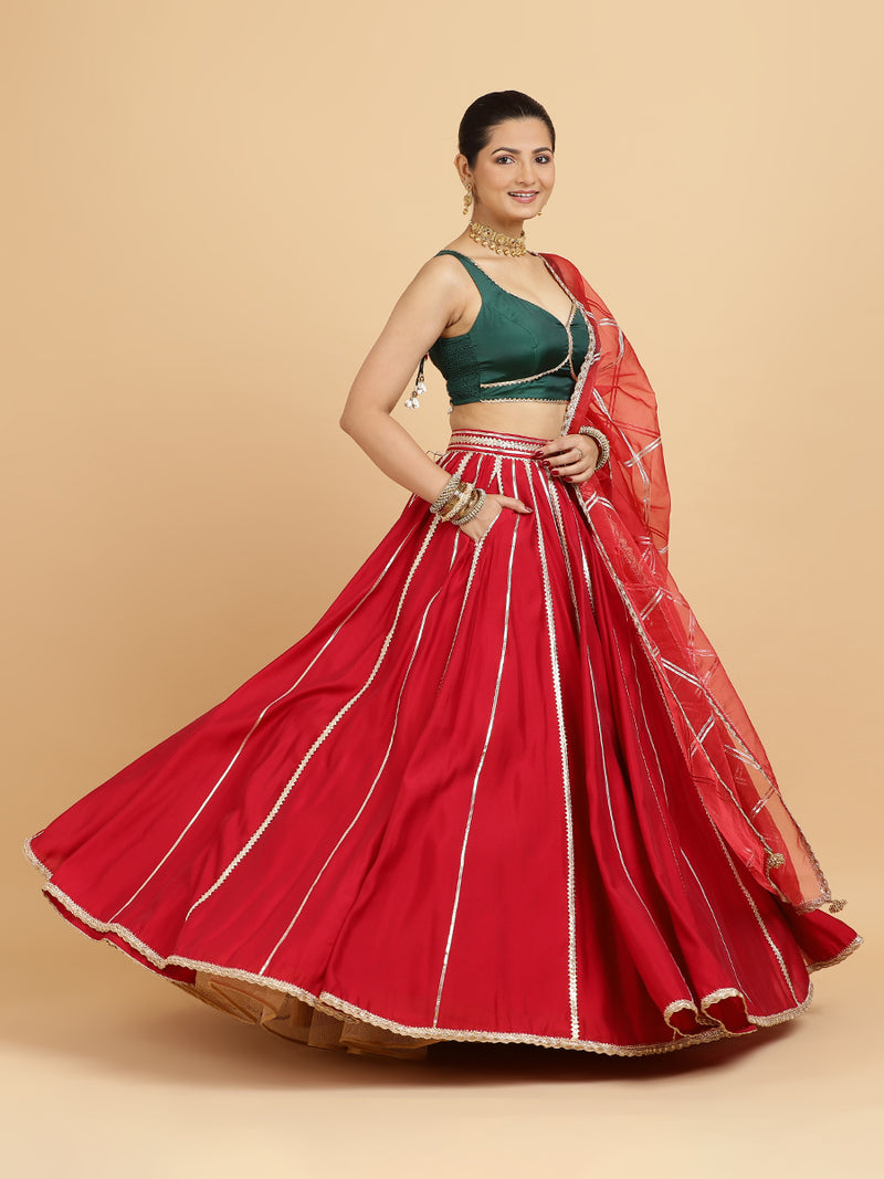 Madhuri Ishika 4-Pc Lehenga Set x Tyohaar | Red Lehenga, Bottle Green Blouse with Leela Red Dupatta and Cancan Skirt-Binks