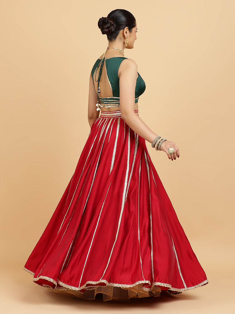 Madhuri Ishika 4-Pc Lehenga Set x Tyohaar | Red Lehenga, Bottle Green Blouse with Leela Red Dupatta and Cancan Skirt-Binks