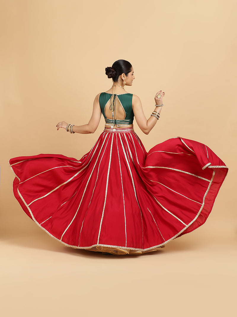 Madhuri Ishika 4-Pc Lehenga Set x Tyohaar | Red Lehenga, Bottle Green Blouse with Panna Emerald Green Dupatta and Cancan Skirt-Binks