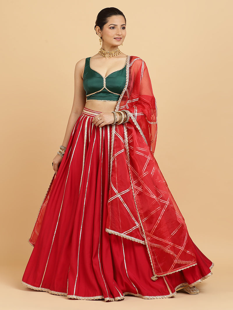 Madhuri Ishika 4-Pc Lehenga Set x Tyohaar | Red Lehenga, Bottle Green Blouse with Leela Red Dupatta and Cancan Skirt-Binks