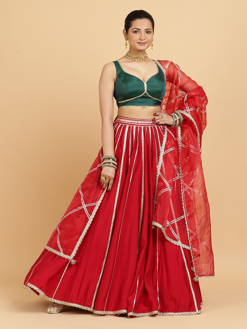 Madhuri Ishika 4-Pc Lehenga Set x Tyohaar | Red Lehenga, Bottle Green Blouse with Leela Red Dupatta and Cancan Skirt-Binks