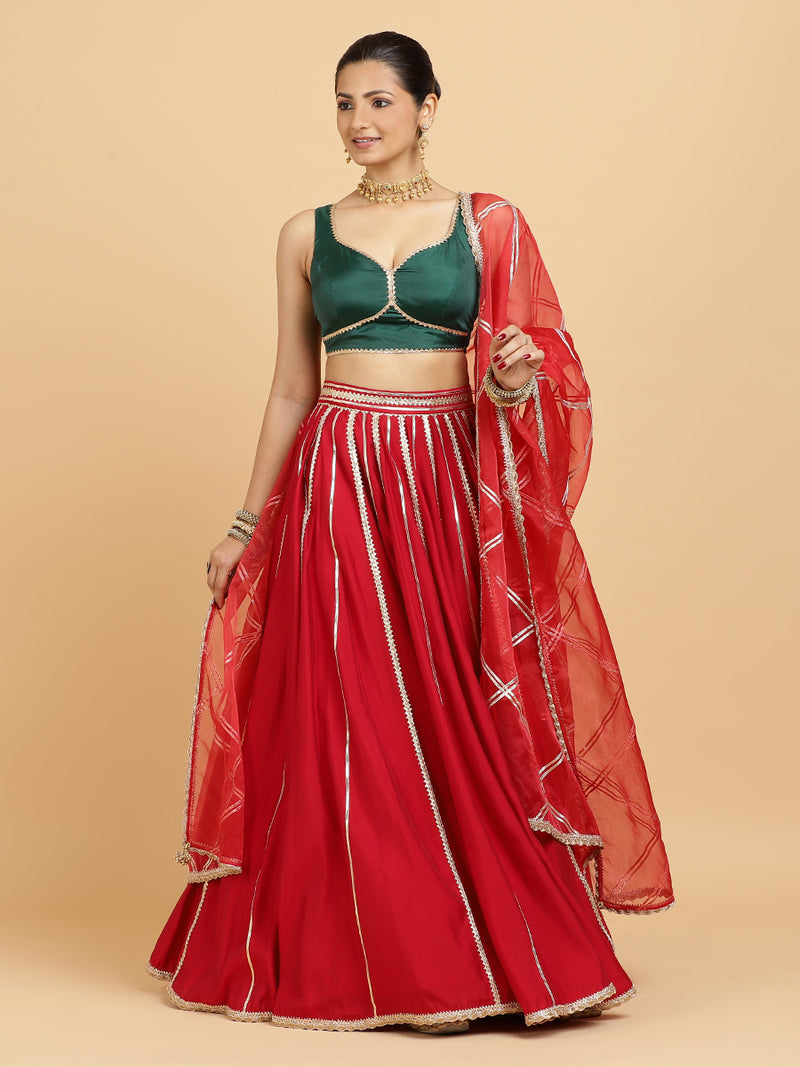 Madhuri Ishika 4-Pc Lehenga Set x Tyohaar | Red Lehenga, Bottle Green Blouse with Leela Red Dupatta and Cancan Skirt-Binks