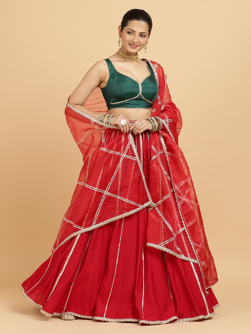 Madhuri Ishika 4-Pc Lehenga Set x Tyohaar | Red Lehenga, Bottle Green Blouse with Leela Red Dupatta and Cancan Skirt-Binks