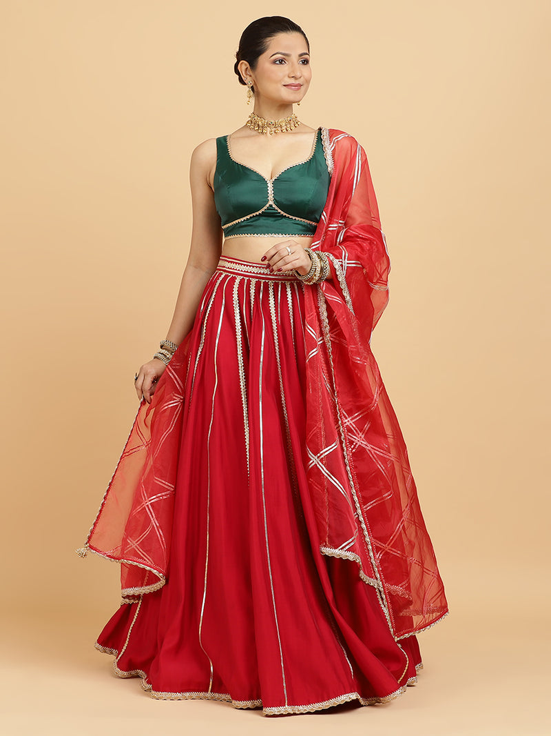 Madhuri Ishika 4-Pc Lehenga Set x Tyohaar | Red Lehenga, Bottle Green Blouse with Leela Red Dupatta and Cancan Skirt-Binks