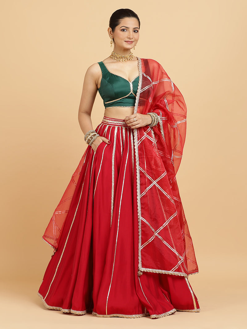 Madhuri Ishika 4-Pc Lehenga Set x Tyohaar | Red Lehenga, Bottle Green Blouse with Leela Red Dupatta and Cancan Skirt-Binks