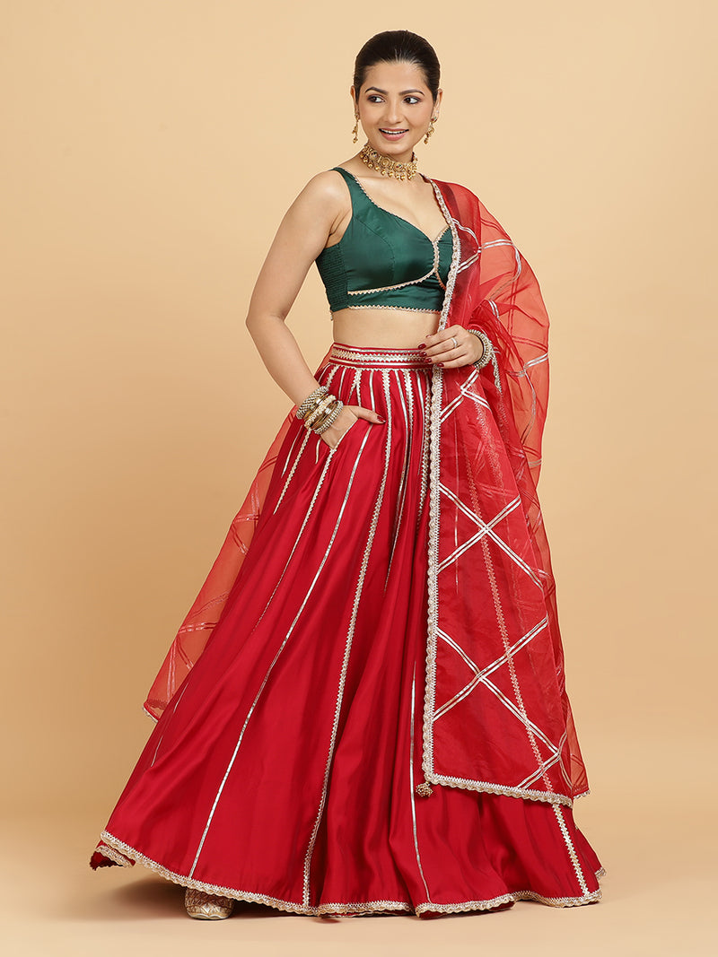 Madhuri Ishika 4-Pc Lehenga Set x Tyohaar | Red Lehenga, Bottle Green Blouse with Leela Red Dupatta and Cancan Skirt-Binks