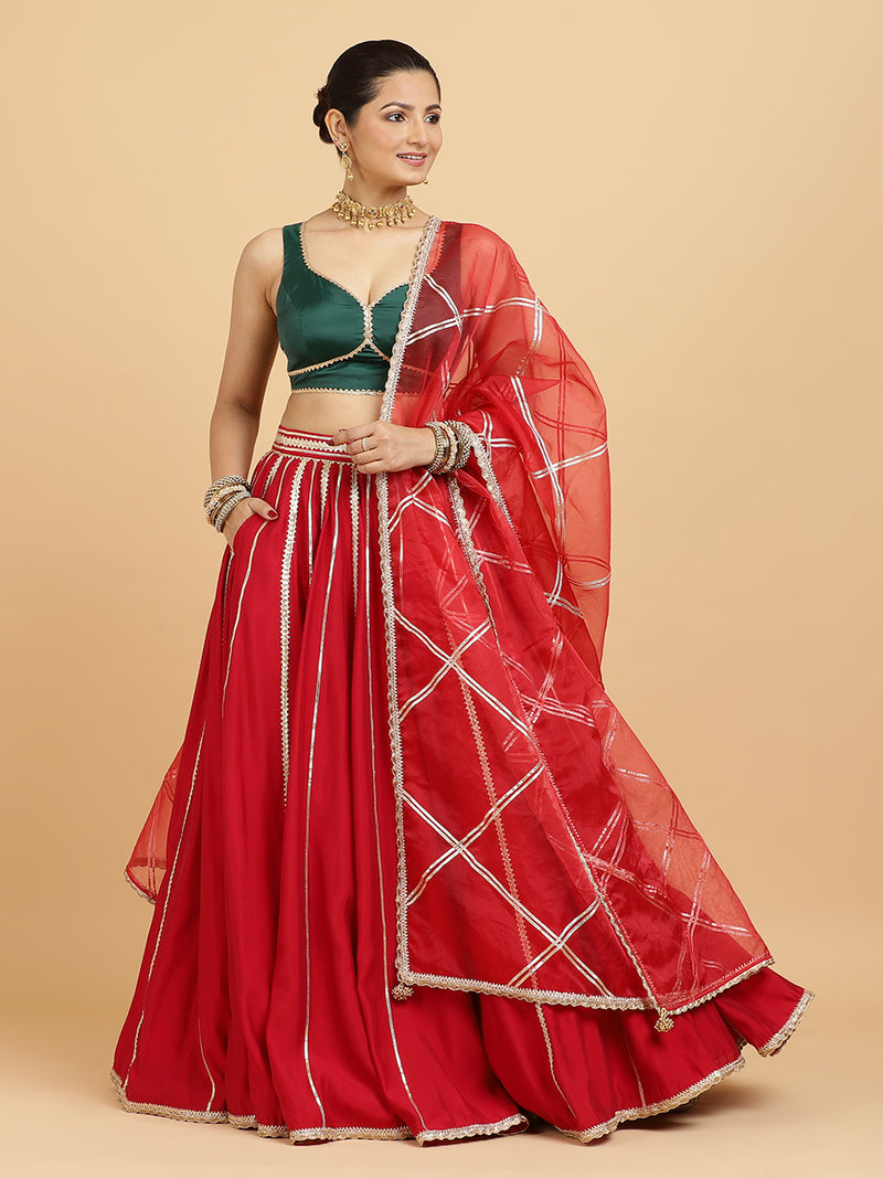 Madhuri Ishika 4-Pc Lehenga Set x Tyohaar | Red Lehenga, Bottle Green Blouse with Leela Red Dupatta and Cancan Skirt-Binks