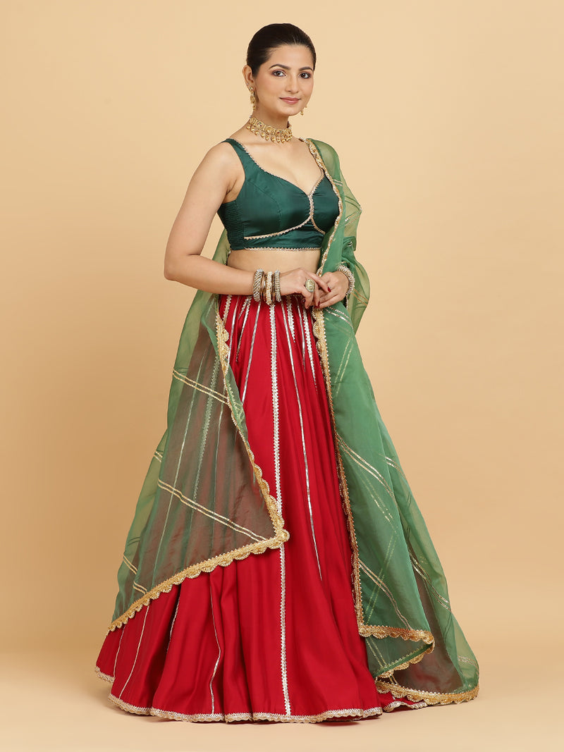 Madhuri Ishika 4-Pc Lehenga Set x Tyohaar | Red Lehenga, Bottle Green Blouse with Panna Emerald Green Dupatta and Cancan Skirt-Binks