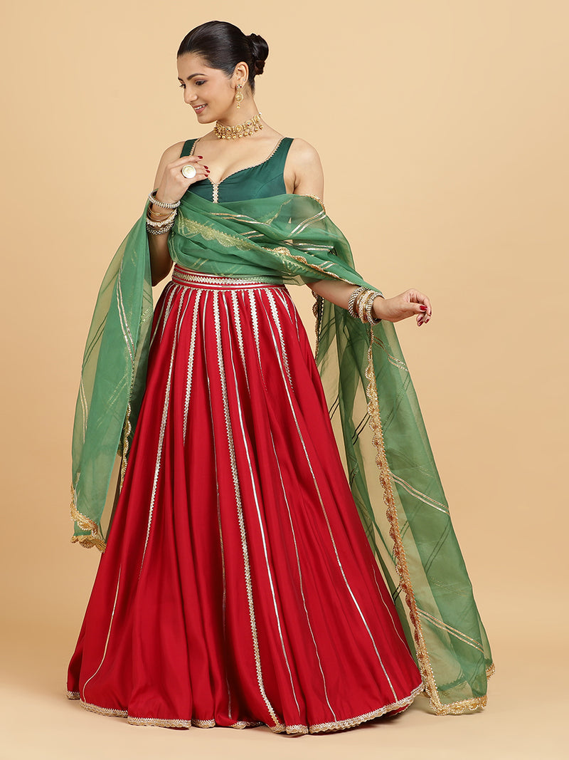 Madhuri Ishika 4-Pc Lehenga Set x Tyohaar | Red Lehenga, Bottle Green Blouse with Panna Emerald Green Dupatta and Cancan Skirt-Binks