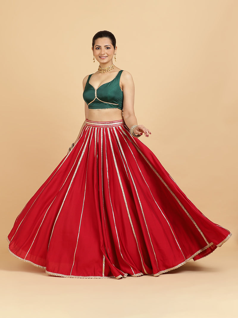 Madhuri Ishika 4-Pc Lehenga Set x Tyohaar | Red Lehenga, Bottle Green Blouse with Panna Emerald Green Dupatta and Cancan Skirt-Binks