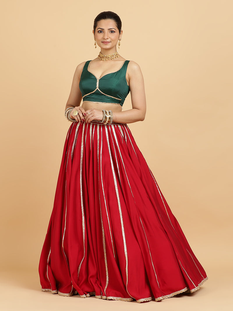 Madhuri Ishika 4-Pc Lehenga Set x Tyohaar | Red Lehenga, Bottle Green Blouse with Panna Emerald Green Dupatta and Cancan Skirt-Binks
