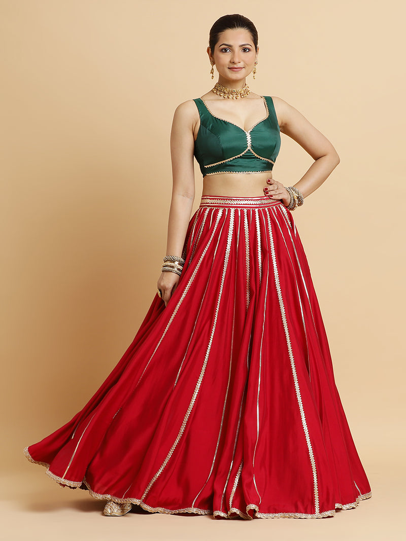Madhuri Ishika 4-Pc Lehenga Set x Tyohaar | Red Lehenga, Bottle Green Blouse with Panna Emerald Green Dupatta and Cancan Skirt-Binks