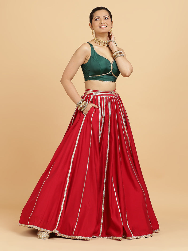 Madhuri Ishika 4-Pc Lehenga Set x Tyohaar | Red Lehenga, Bottle Green Blouse with Panna Emerald Green Dupatta and Cancan Skirt-Binks