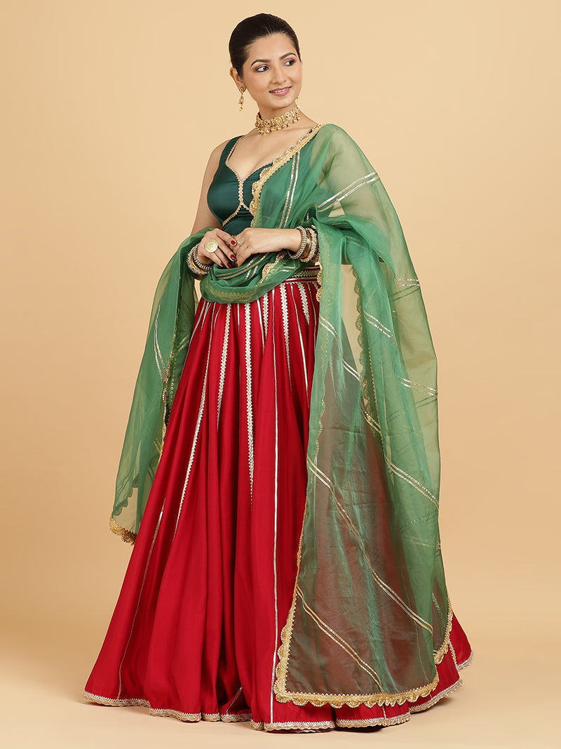 Madhuri Ishika 4-Pc Lehenga Set x Tyohaar | Red Lehenga, Bottle Green Blouse with Panna Emerald Green Dupatta and Cancan Skirt-Binks