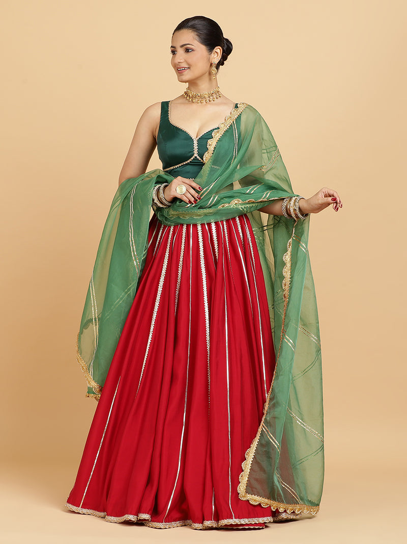 Madhuri Ishika 4-Pc Lehenga Set x Tyohaar | Red Lehenga, Bottle Green Blouse with Panna Emerald Green Dupatta and Cancan Skirt-Binks
