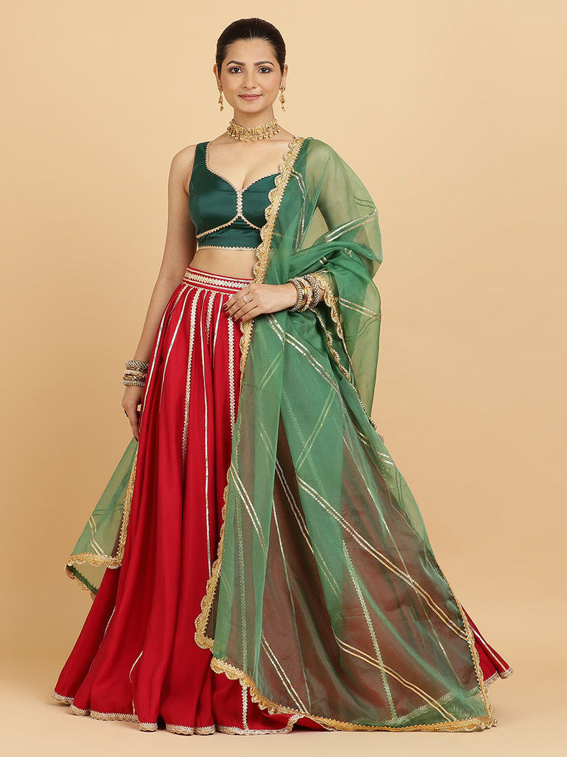 Madhuri Ishika 4-Pc Lehenga Set x Tyohaar | Red Lehenga, Bottle Green Blouse with Panna Emerald Green Dupatta and Cancan Skirt-Binks