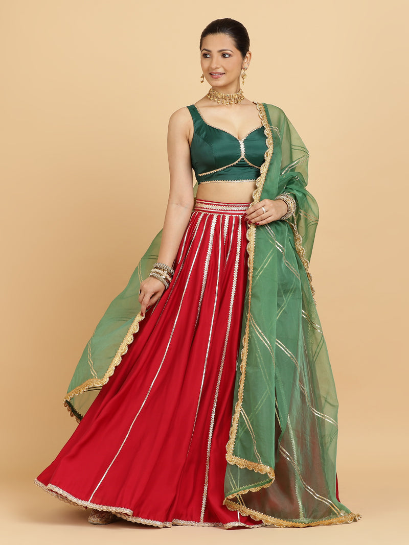 Madhuri Ishika 4-Pc Lehenga Set x Tyohaar | Red Lehenga, Bottle Green Blouse with Panna Emerald Green Dupatta and Cancan Skirt-Binks