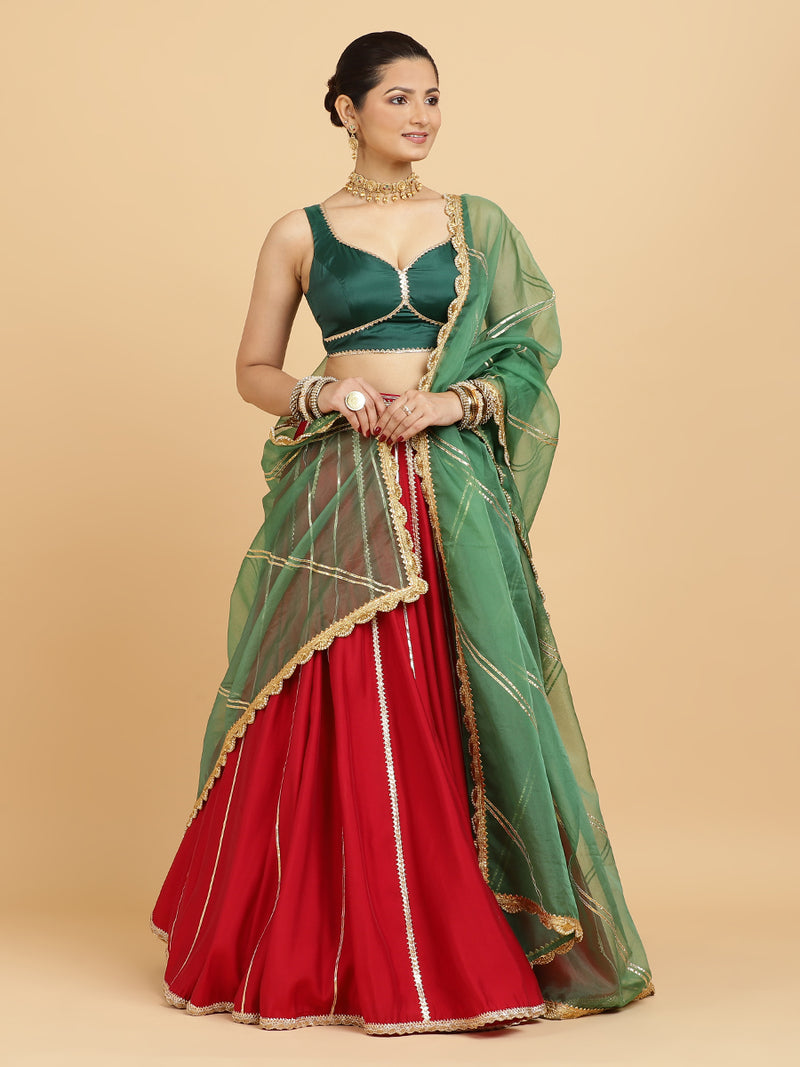 Madhuri Ishika 4-Pc Lehenga Set x Tyohaar | Red Lehenga, Bottle Green Blouse with Panna Emerald Green Dupatta and Cancan Skirt-Binks