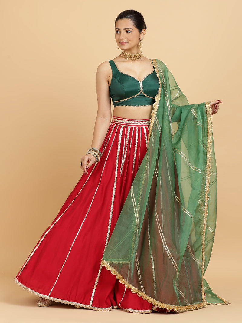 Madhuri Ishika 4-Pc Lehenga Set x Tyohaar | Red Lehenga, Bottle Green Blouse with Panna Emerald Green Dupatta and Cancan Skirt-Binks
