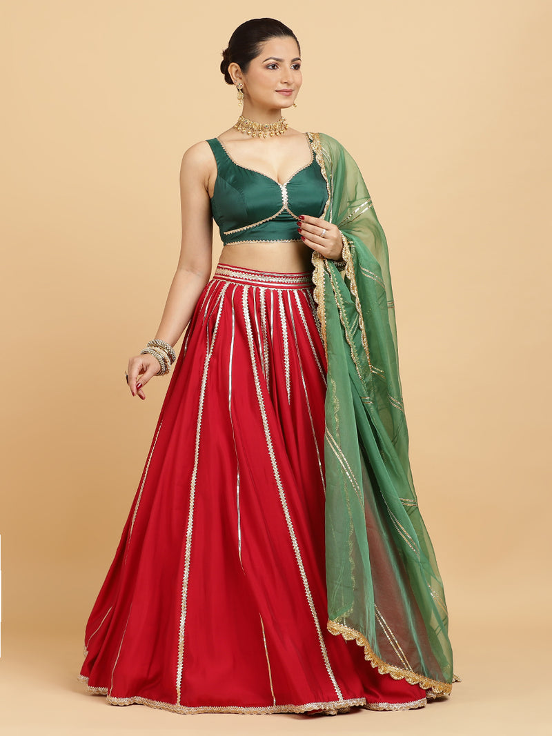 Madhuri Ishika 4-Pc Lehenga Set x Tyohaar | Red Lehenga, Bottle Green Blouse with Panna Emerald Green Dupatta and Cancan Skirt-Binks
