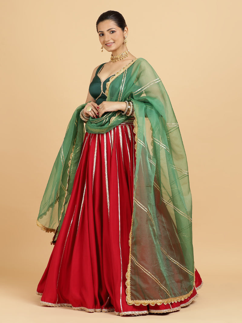 Madhuri Ishika 4-Pc Lehenga Set x Tyohaar | Red Lehenga, Bottle Green Blouse with Panna Emerald Green Dupatta and Cancan Skirt-Binks
