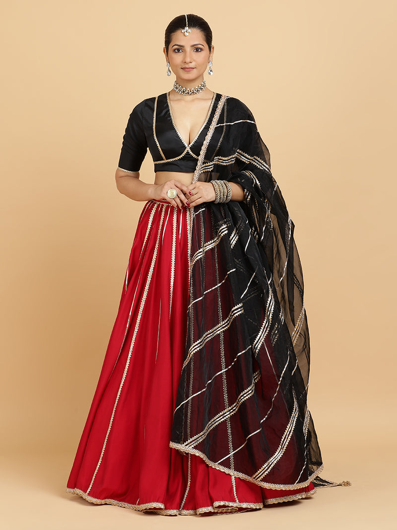 Madhuri Zeenat 4-Pc Lehenga Set x Tyohaar | Red Lehenga, Charcoal Black Blouse with Chandni Black Dupatta and Cancan Skirt-Binks