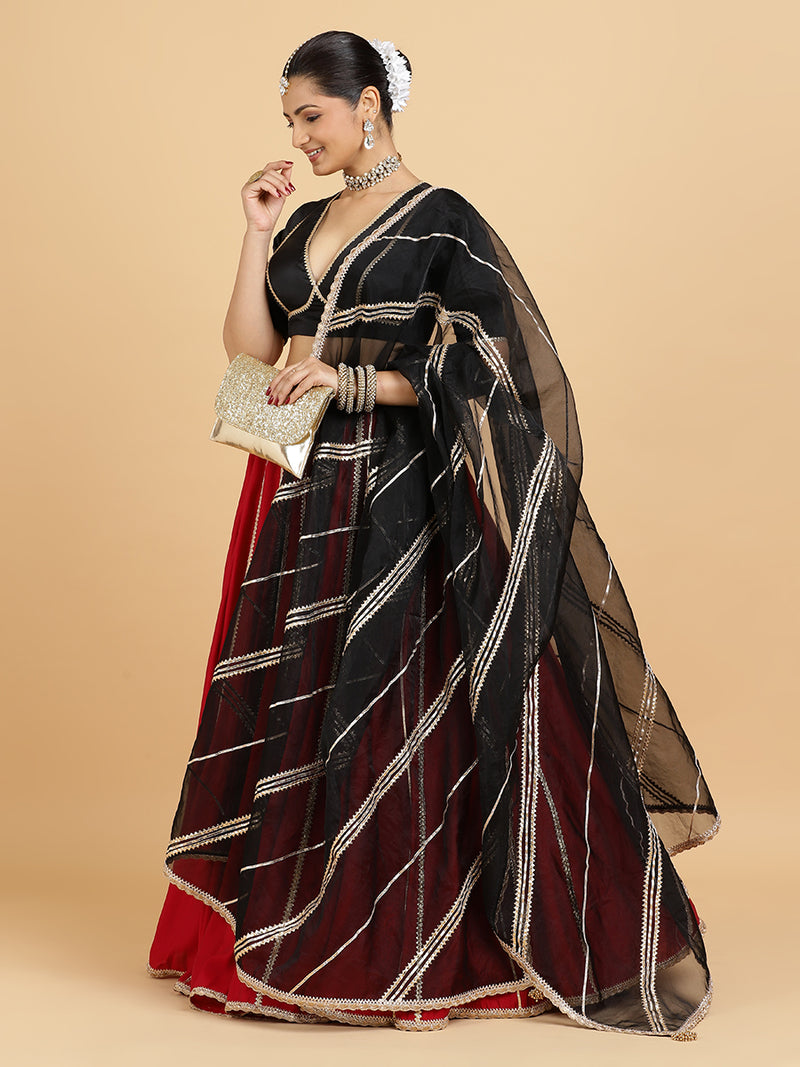 Madhuri Zeenat 4-Pc Lehenga Set x Tyohaar | Red Lehenga, Charcoal Black Blouse with Chandni Black Dupatta and Cancan Skirt-Binks