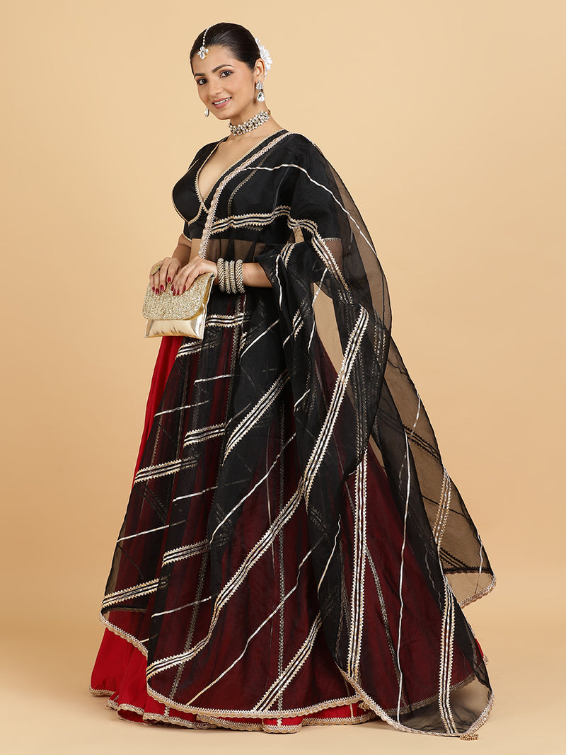 Madhuri Zeenat 4-Pc Lehenga Set x Tyohaar | Red Lehenga, Charcoal Black Blouse with Chandni Black Dupatta and Cancan Skirt-Binks