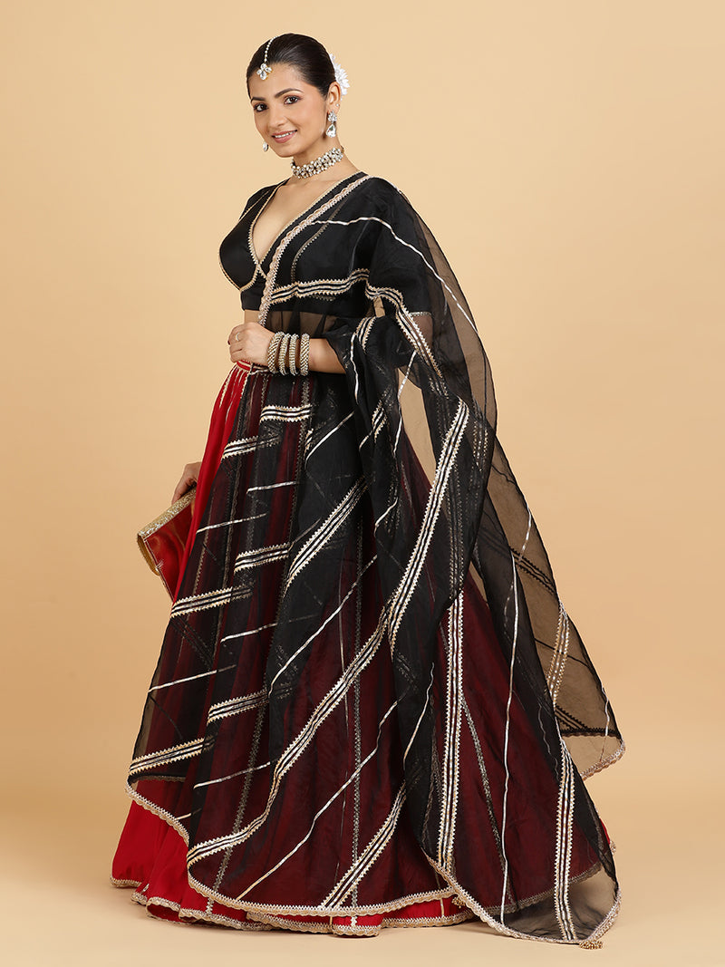 Madhuri Zeenat 4-Pc Lehenga Set x Tyohaar | Red Lehenga, Charcoal Black Blouse with Chandni Black Dupatta and Cancan Skirt-Binks