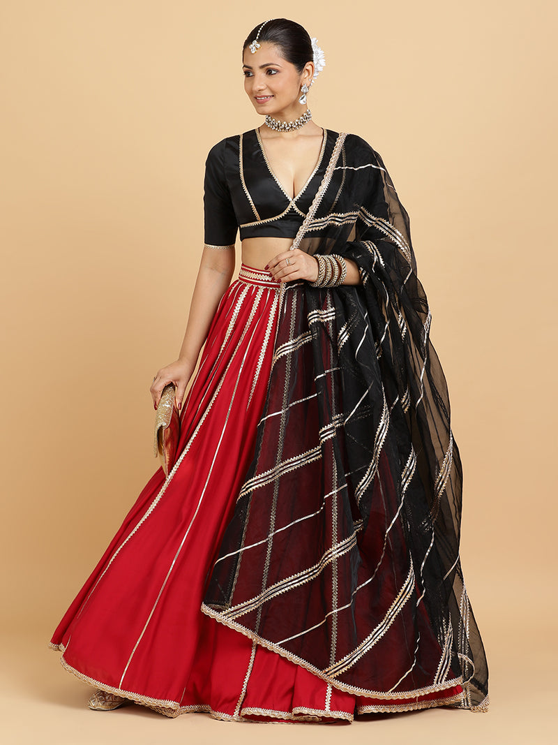 Madhuri Zeenat 4-Pc Lehenga Set x Tyohaar | Red Lehenga, Charcoal Black Blouse with Chandni Black Dupatta and Cancan Skirt-Binks