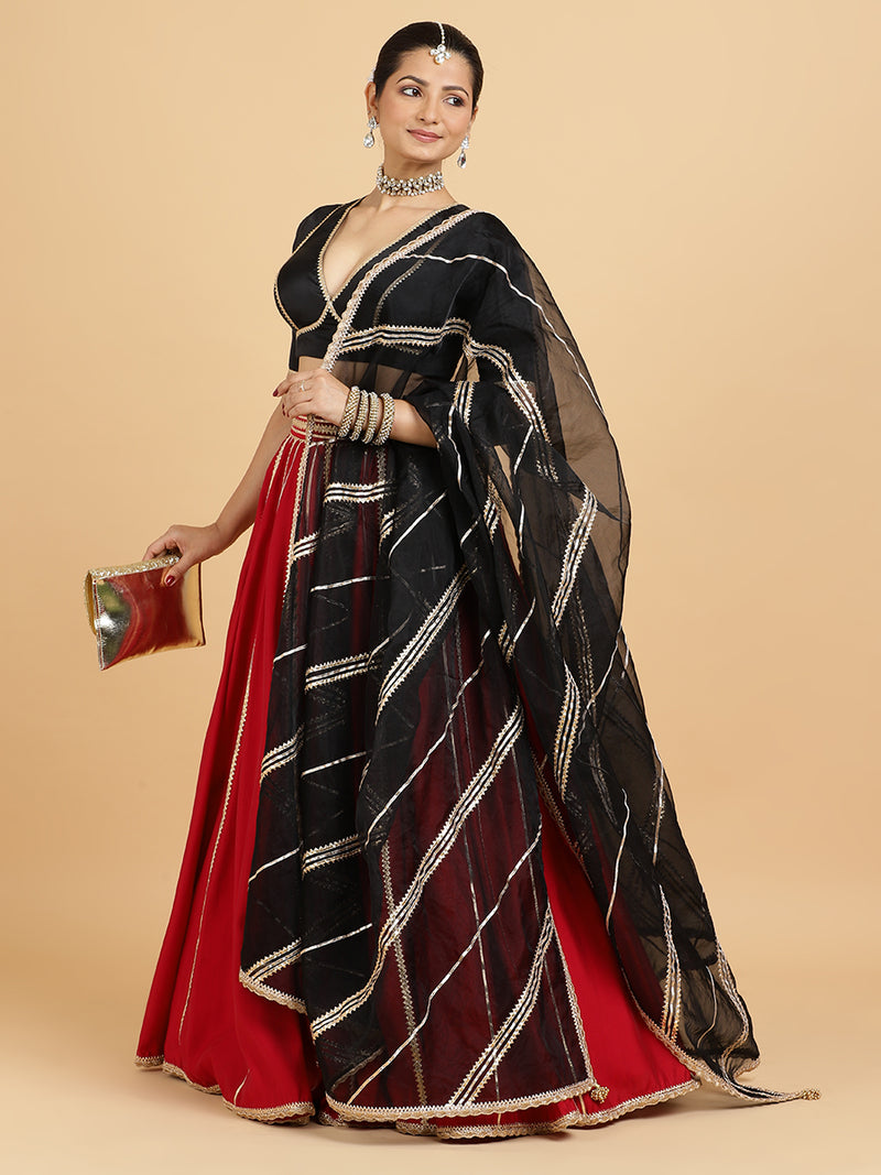 Madhuri Zeenat 4-Pc Lehenga Set x Tyohaar | Red Lehenga, Charcoal Black Blouse with Chandni Black Dupatta and Cancan Skirt-Binks