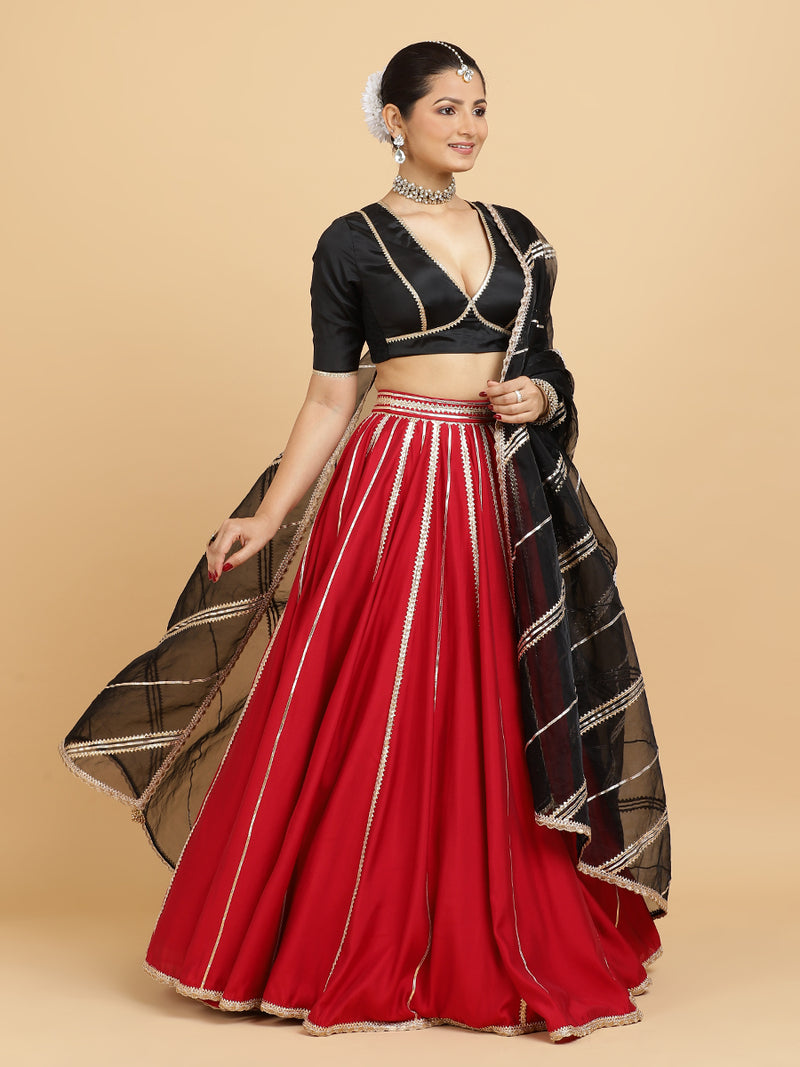 Madhuri Zeenat 4-Pc Lehenga Set x Tyohaar | Red Lehenga, Charcoal Black Blouse with Chandni Black Dupatta and Cancan Skirt-Binks