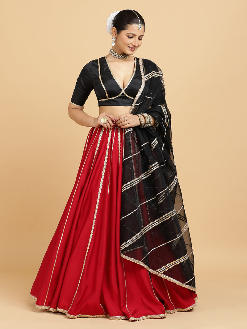 Madhuri Zeenat 4-Pc Lehenga Set x Tyohaar | Red Lehenga, Charcoal Black Blouse with Chandni Black Dupatta and Cancan Skirt-Binks