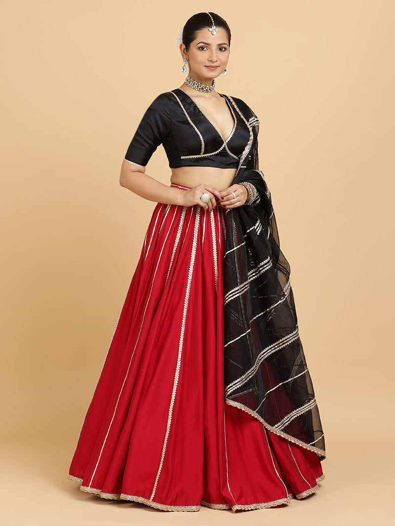 Madhuri Zeenat 4-Pc Lehenga Set x Tyohaar | Red Lehenga, Charcoal Black Blouse with Chandni Black Dupatta and Cancan Skirt-Binks