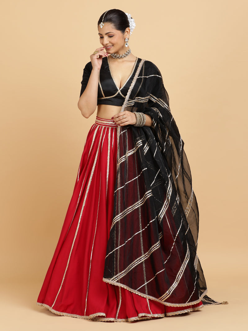 Madhuri Zeenat 4-Pc Lehenga Set x Tyohaar | Red Lehenga, Charcoal Black Blouse with Chandni Black Dupatta and Cancan Skirt-Binks
