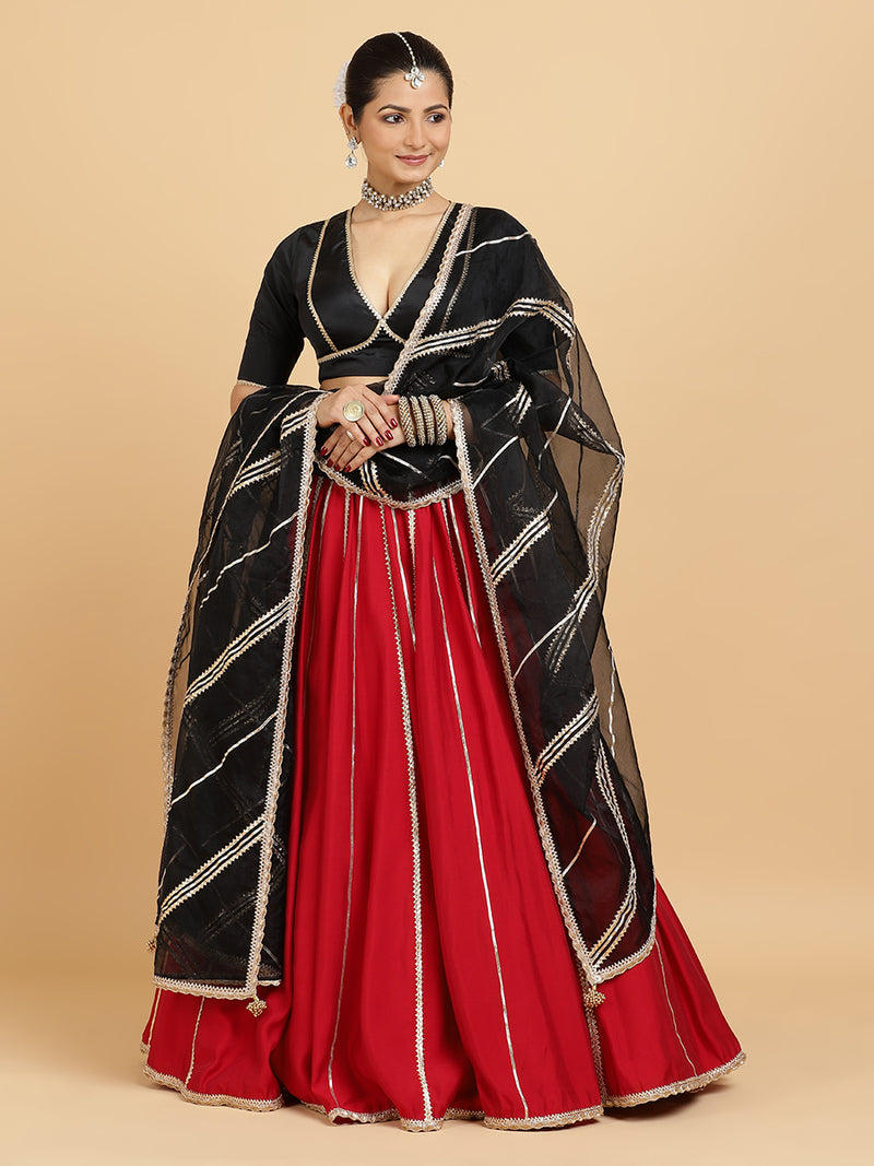 Madhuri Zeenat 4-Pc Lehenga Set x Tyohaar | Red Lehenga, Charcoal Black Blouse with Chandni Black Dupatta and Cancan Skirt-Binks