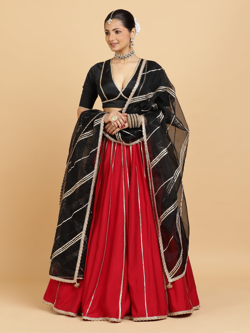 Madhuri Zeenat 4-Pc Lehenga Set x Tyohaar | Red Lehenga, Charcoal Black Blouse with Chandni Black Dupatta and Cancan Skirt-Binks