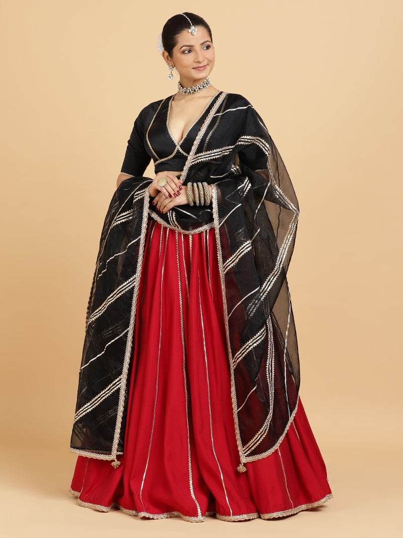Madhuri Zeenat 4-Pc Lehenga Set x Tyohaar | Red Lehenga, Charcoal Black Blouse with Chandni Black Dupatta and Cancan Skirt-Binks