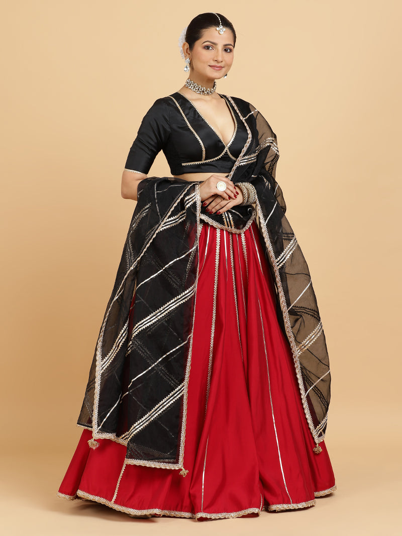 Madhuri Zeenat 4-Pc Lehenga Set x Tyohaar | Red Lehenga, Charcoal Black Blouse with Chandni Black Dupatta and Cancan Skirt-Binks