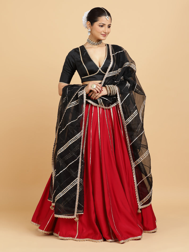 Madhuri Zeenat 4-Pc Lehenga Set x Tyohaar | Red Lehenga, Charcoal Black Blouse with Chandni Black Dupatta and Cancan Skirt-Binks