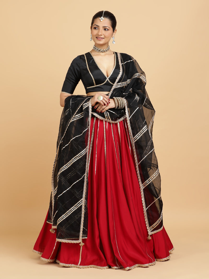 Madhuri Zeenat 4-Pc Lehenga Set x Tyohaar | Red Lehenga, Charcoal Black Blouse with Chandni Black Dupatta and Cancan Skirt-Binks