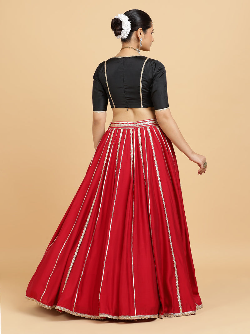 Madhuri Zeenat 4-Pc Lehenga Set x Tyohaar | Red Lehenga, Charcoal Black Blouse with Chandni Black Dupatta and Cancan Skirt-Binks