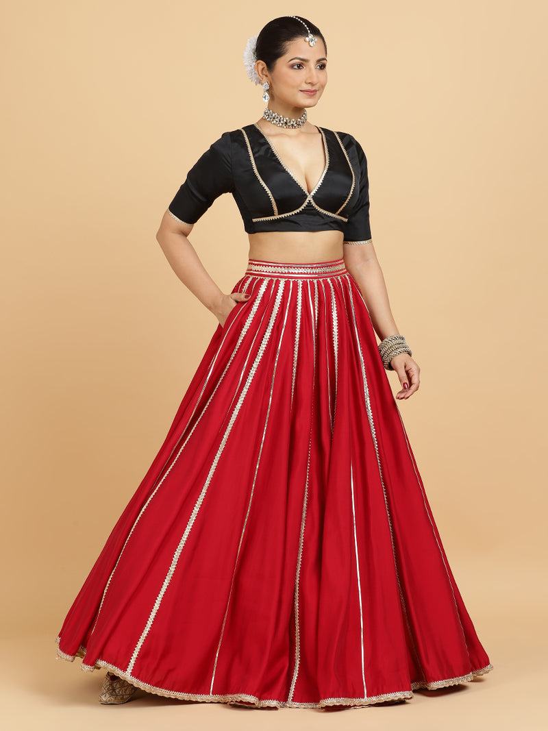 Madhuri Zeenat 4-Pc Lehenga Set x Tyohaar | Red Lehenga, Charcoal Black Blouse with Chandni Black Dupatta and Cancan Skirt-Binks