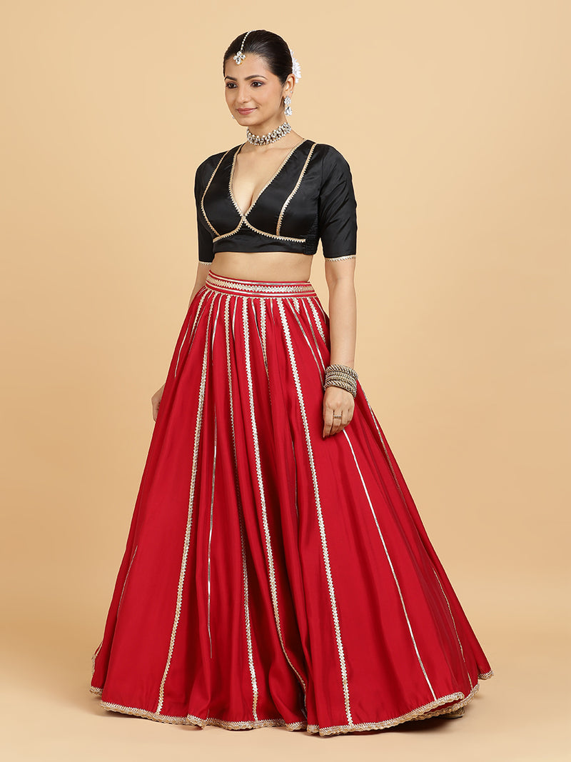 Madhuri Zeenat 4-Pc Lehenga Set x Tyohaar | Red Lehenga, Charcoal Black Blouse with Chandni Black Dupatta and Cancan Skirt-Binks