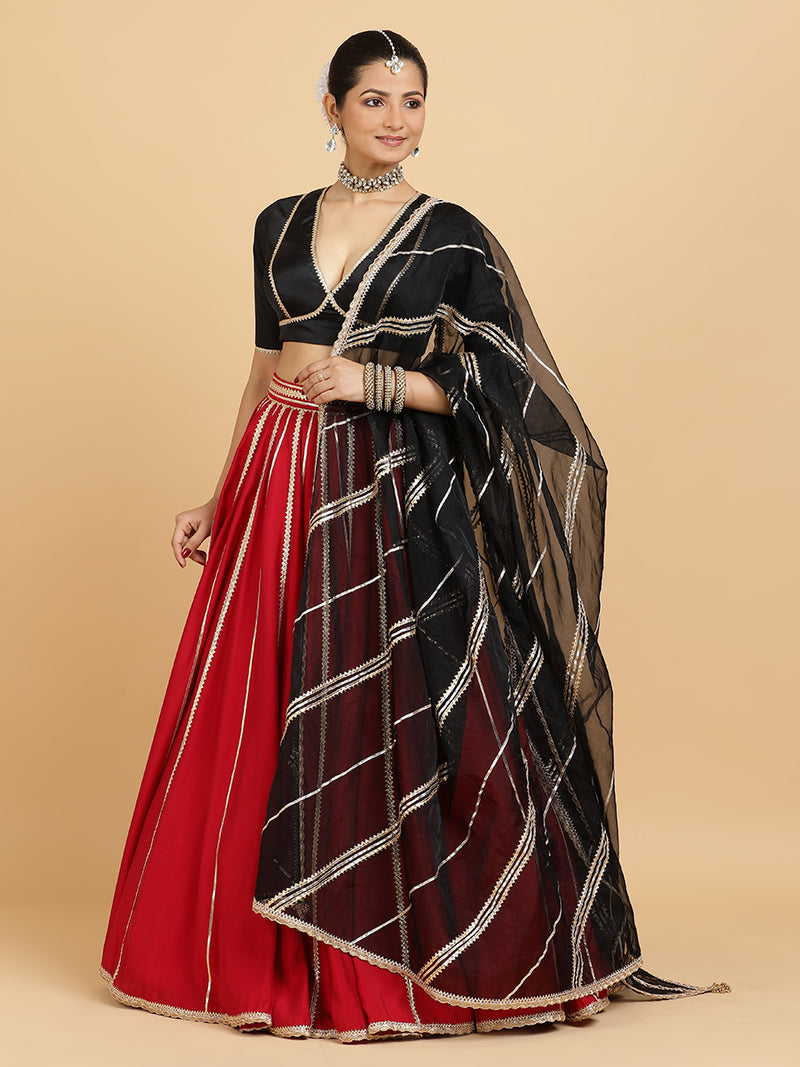 Madhuri Zeenat 4-Pc Lehenga Set x Tyohaar | Red Lehenga, Charcoal Black Blouse with Chandni Black Dupatta and Cancan Skirt-Binks